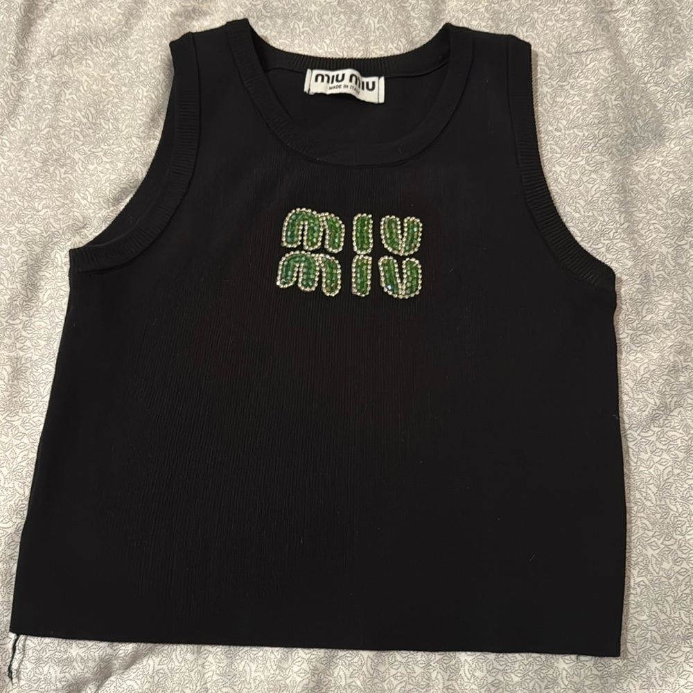 Miu Miu Black Tank Top with Green Beaded Logo